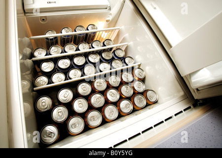 Beer Cans in fridge, low angle view Stock Photo