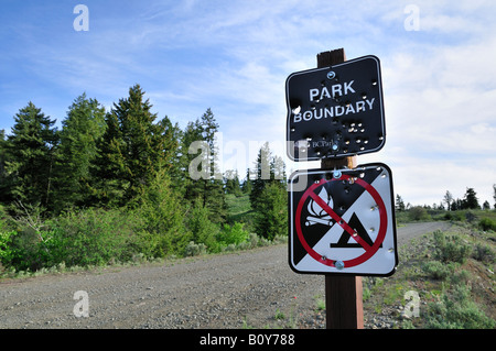 Bullet riddled sign Mount Kobau South Okanagan Grasslands British Columbia Canada Protected Area Stock Photo