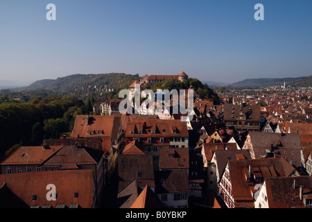 Old Town of Tuebingen from the Stiftskirche bell tower. Schloss Hohentuebingen and Town Hall, Germany, Baden-Wuerttemberg, Tueb Stock Photo