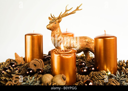 Advent wreath, candles, deer figure Stock Photo
