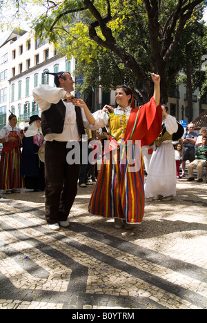 dh Flower Festival FUNCHAL MADEIRA Traditional costume dancing display couple historical dress folk dance 2 male female two tradition dancers people Stock Photo