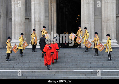 Trumpeter of The Life Guards in State Dress uniform & dignities in red robes including Lord Mayor of London arriving St Pauls Cathedral  London Stock Photo