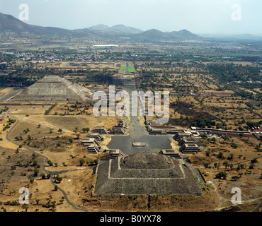 aerial above tourists visiting Teotihuacan pyramids of Sun and Moon Mexico Stock Photo