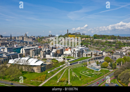 View of Our Dynamic Earth (left) The Scottish Parliament (centre) Calton Hill (behind) and Queen's Gallery (right) Edinburgh Stock Photo