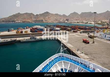 Cruise ship docked at Porto Grande at Mindelo on Såo Vicente, Cape Verde Islands. Stock Photo
