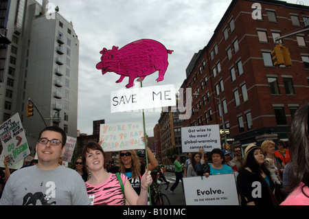 Hundreds of vegetarians gather in the Meat Packing District in New York to kick off the First Veggie Pride Parade in America Stock Photo