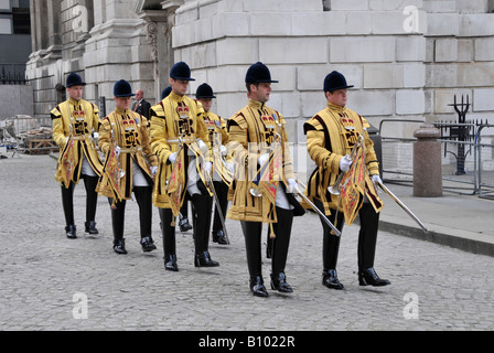 Soldiers of The Life Guards in State Dress marching at St Pauls Cathedral to provide trumpets fanfare at event attended by Prince Phillip London UK Stock Photo