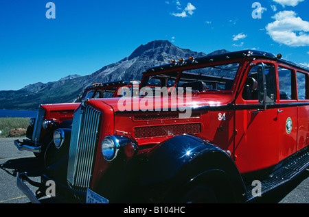 Old transportation vehicles for transporting tourists from Glacier National Park to Waterton Lakes National Park Canada Stock Photo