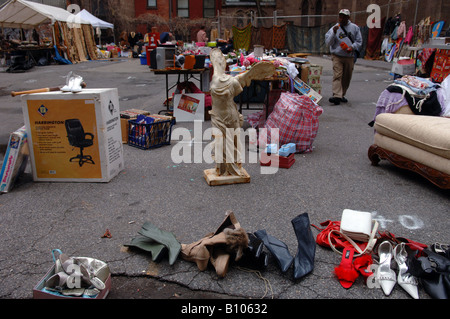 Second hand merchandise for sale at a flea market in the New York neighborhood of Chelsea Stock Photo