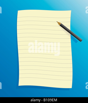Vector illustration of a slick ruled paper on blue background with shadow and pencil Stock Photo