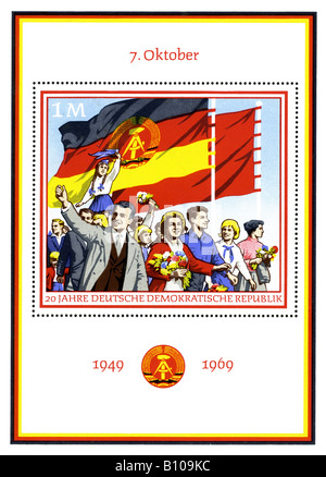 German Democratic Republic postage stamp / miniature sheet commemorating 20 years existence from 1949 - 1969. Stock Photo