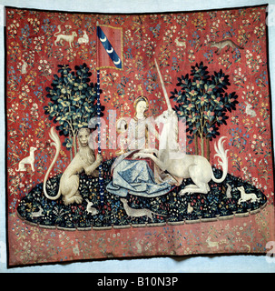 Lady and the Unicorn tapestry, Sight ,lion animals and flowers, Flemish Stock Photo