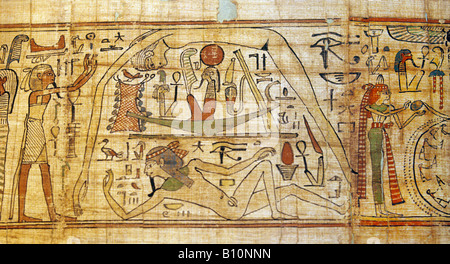 Nut and Geb sky and earth god and goddess Ra sun god in his solar barque. Egyptian Funerary papyrus.a Stock Photo