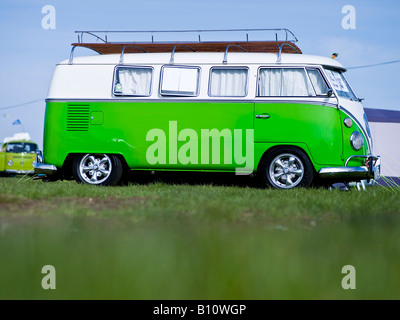 green vw volkswagen split screen camper van bus lowered modified Stock Photo