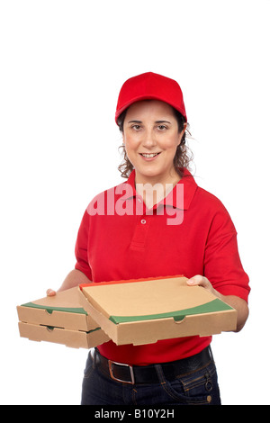 A pizza delivery woman holding three boxes Isolated on white Stock Photo