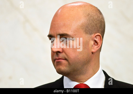 Swedish Prime Minister Fredrik Reinfeldt at press conference in Stockholm with US Secretary of State Condoleezza Rice about Irak Stock Photo