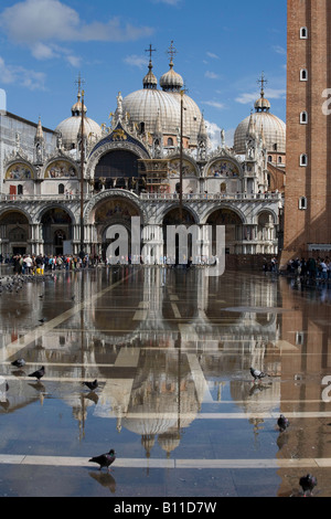 Venedig, Markusdom (San Marco), Westfassade mit überschwemmten Markusplatz (leichtes Hochwasser) Stock Photo