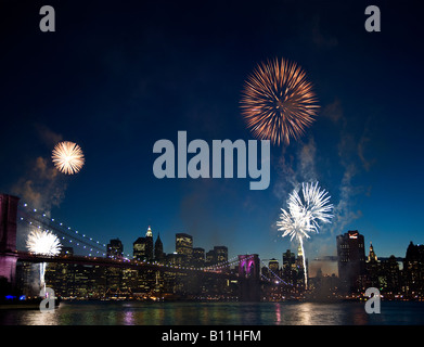 Fireworks explode over the New York City skyline during a 4th of July ...