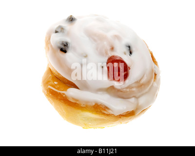 Fresh Iced Belgian Bun Topped With A Glazed Cherry Isolated Against A White Background With No People And A Clipping Path Stock Photo
