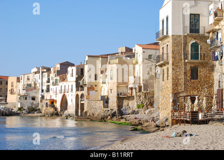 Beach and waterfront, Cefalu, Palermo Province, Sicily, Italy Stock Photo