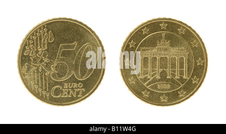 Fifty eurocents coin macro isolated on white Stock Photo
