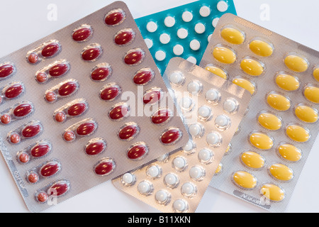 HRT Medication UK; A selection of Hormone Replacement Therapy pills, all prescribed by the NHS for menopause treatment in menopausal women. Stock Photo