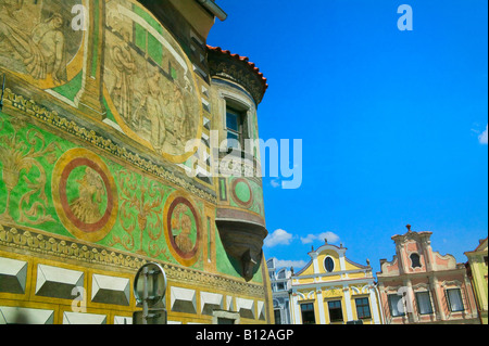 Old town square surrounded by 16th century Renaissance houses Telc Moravia Czech Republic Stock Photo