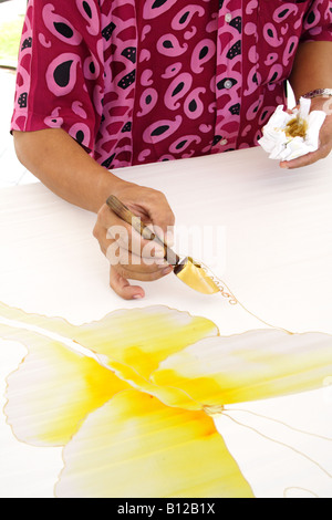 Batik painting closeup hand holding canting Stock Photo