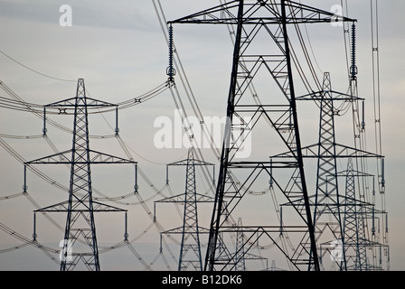 High voltage electricity pylons carrying electricity from Sizewell B nuclear power station, Suffolk, UK. Stock Photo