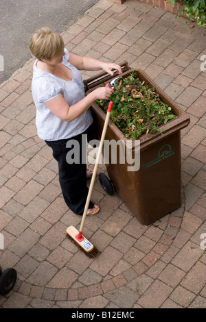 Wheelie bin for garden waste woman using wheelie bin for disposing of green waste from gardening Stock Photo