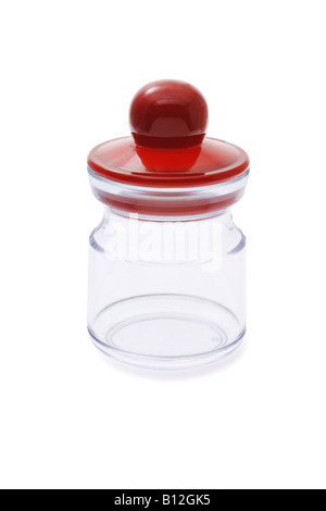 Mini transparent plastic jar on white background Stock Photo