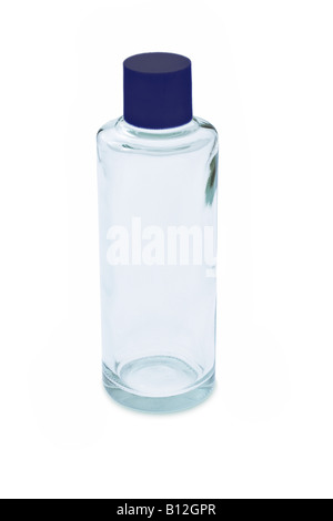 Empty glass bottle with blue cap on white background Stock Photo