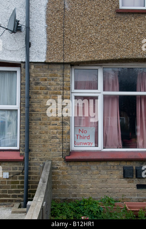 Sipson village next to Heathrow airport No Third Runway protest. Sign in window of house ©Mark Shenley Stock Photo