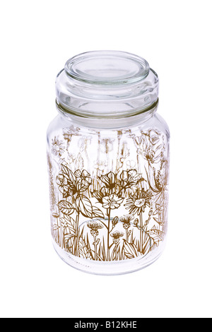 Empty glass jar with floral design on white background Stock Photo