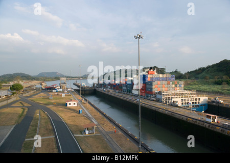 PANAMAX CONTAINER SHIP MIRAFLORES LOCKS PANAMA CANAL PANAMA Stock Photo