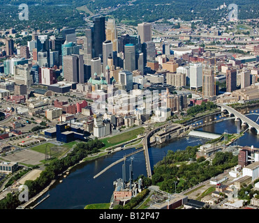 aerial above Minneapolis MN Minnesota skyline Stock Photo