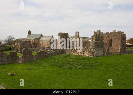 view of Lindisfarne priory and parish church of st mary Stock Photo