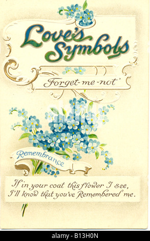 Chromolithographed and embossed picture postcard in series Love's Symbols - Forget-me-not for Remembrance - circa 1910. Stock Photo