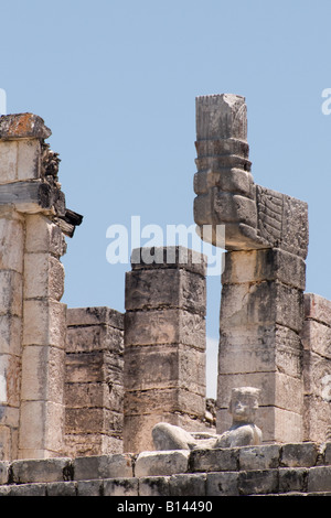 Temple of the Warriors and Chac Mool at the Mayan ruins of Chichen Itza Mexico Stock Photo