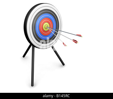 3D render of arrows hitting the bullseye Stock Photo