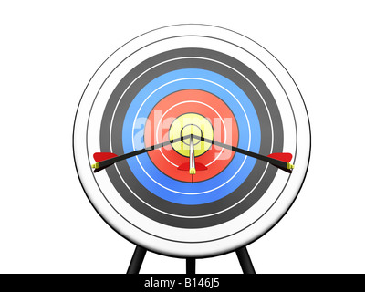 3D render of arrows hitting the bullseye Stock Photo