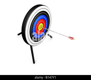 3D render of an arrow hitting the bullseye Stock Photo