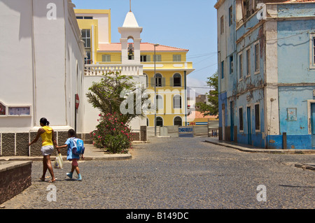 Portuguese houses in Mindelo capital of Såo Vicente one of the islands of Cape Verde in Atlantic ocean off the coast of Senegal Stock Photo