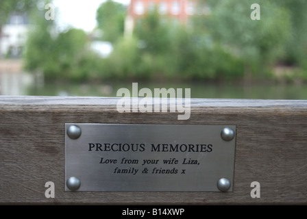 inscription plaque on memorial bench facing the pond on barnes green, southwest london, england Stock Photo
