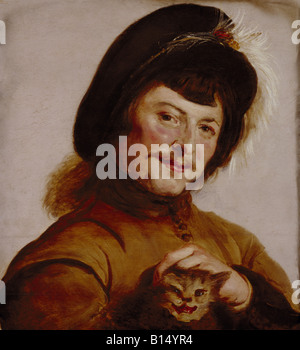 fine arts, Hals, Frans (1583 - 1666), painting, 'Young man with cat', 1635, oil on panel, 45,5 cm x 43 cm, state museum, Kassel, Germany, , Artist's Copyright has not to be cleared Stock Photo