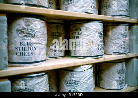 Colston Bassett Blue Stilton cheese on display inside a food store at Borough market in London. Stock Photo