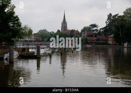 Summer barge boating canal england lock marlow weir  church Stock Photo