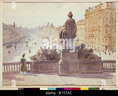 fine arts, Jansa, Vaclav (1859 - 1913), painting, Prague, monument of Maria Theresia, watercolour, 1899, , Artist's Copyright has not to be cleared Stock Photo