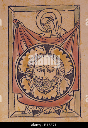 fine arts, religious art, Saint Veronica with the Veil, woodcut, Flanders or Norhtern France, circa 1430, private collection, , Artist's Copyright has not to be cleared Stock Photo