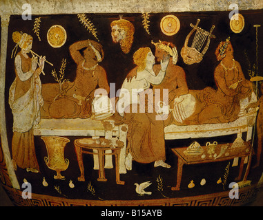 fine arts, ancient world, Campania, vase painting, banquet with flute player, hetaeras and juveniles, red-figured style, detail, krater, by the 'C.A. Painter', circa 340 B.C., Museo Nazionale, Naples, Artist's Copyright has not to be cleared Stock Photo